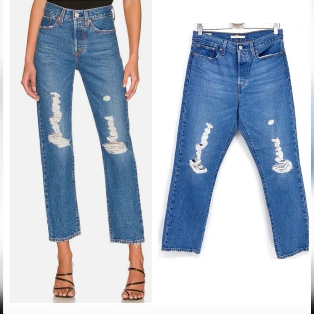 Levi's Wedgie Straight Distressed Jeans Size 29 Ripped Knee‎ Denim